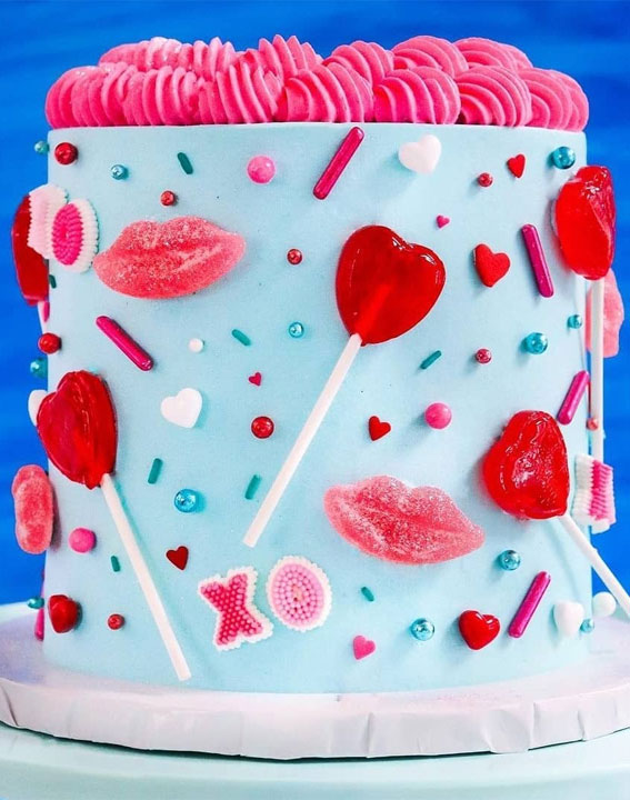 40+ Cute Valentine’s Cake Ideas : Baby Blue Cake Adorned with Red Kisses