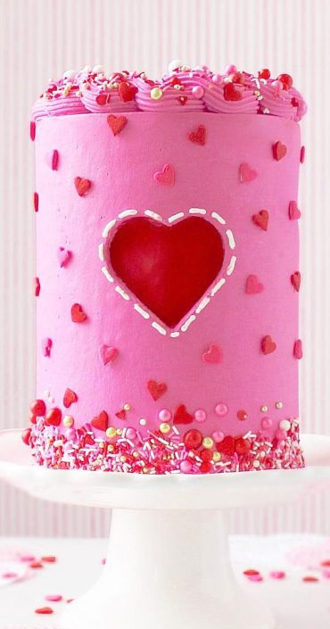 40+ Cute Valentine's Cake Ideas : Bright Pink Cake with Red Heart