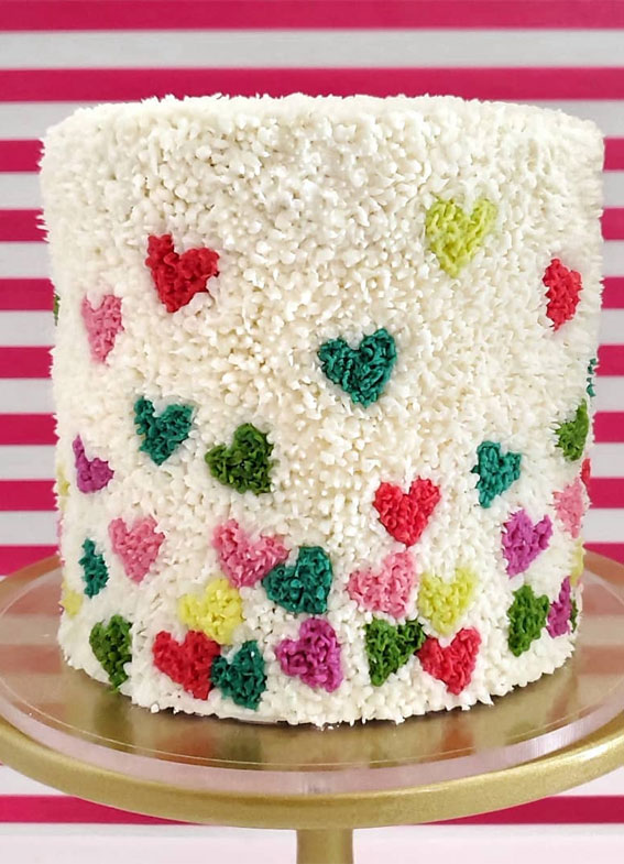 40+ Cute Valentine’s Cake Ideas : White Buttercream with Colourful Hearts