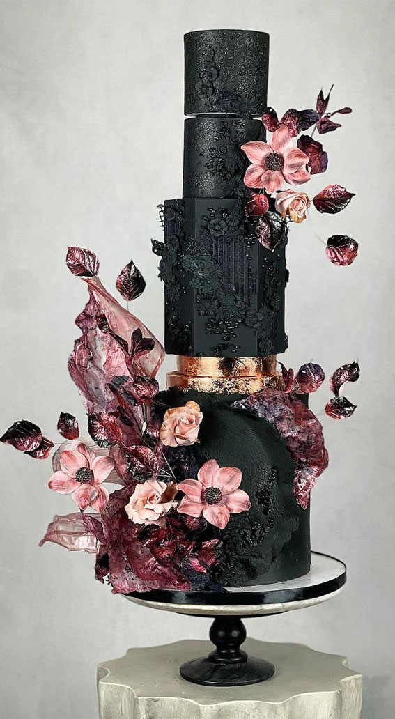 Top 50 Wedding Cake Trends 2023 : Black & Rose Gold Textured Cake