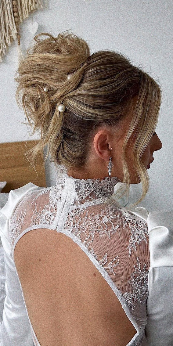 53 Best Wedding Hairstyles for 2023 Brides : Messy Updo with Pearls