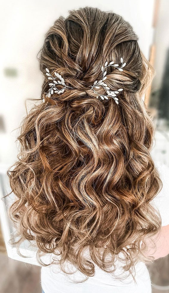 53 Best Wedding Hairstyles for 2023 Brides : Organic Flowing Half Ups