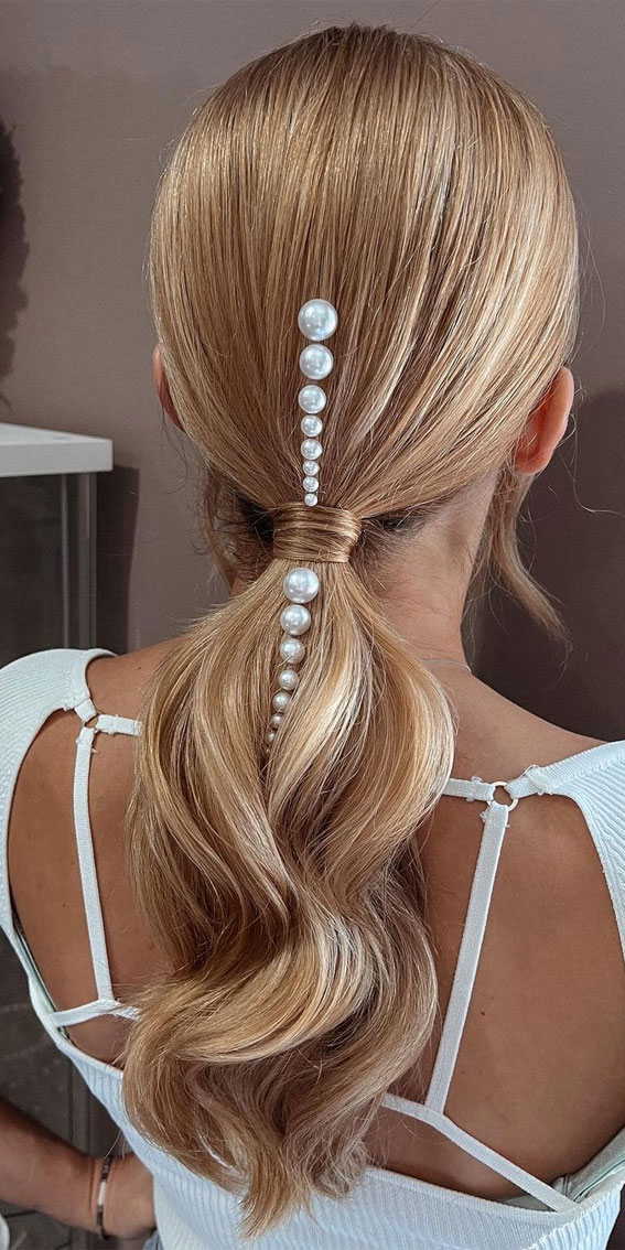 53 Best Wedding Hairstyles for 2023 Brides : Braided Pearl Pony