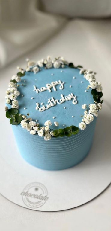 40+ Cute Simple Birthday Cake Ideas : Blue Cake Topped with Flowers