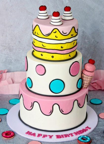 25 Comic Cake Ideas That Re Trending Three Tiered Cake   Comic Cake 14 421x580 