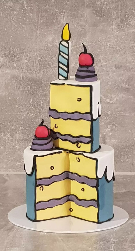 25+ Comic Cake Ideas That’re Trending : Two-Tiered Blue and Yellow Cake