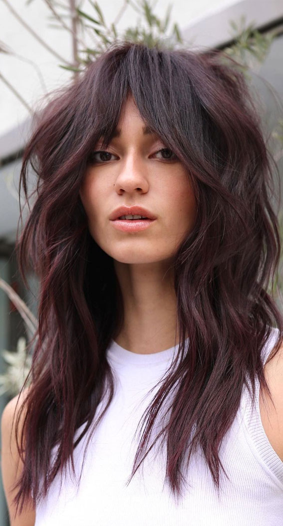 50+ New Haircut Ideas For Women To Try In 2023 : Burgundy Long Shag