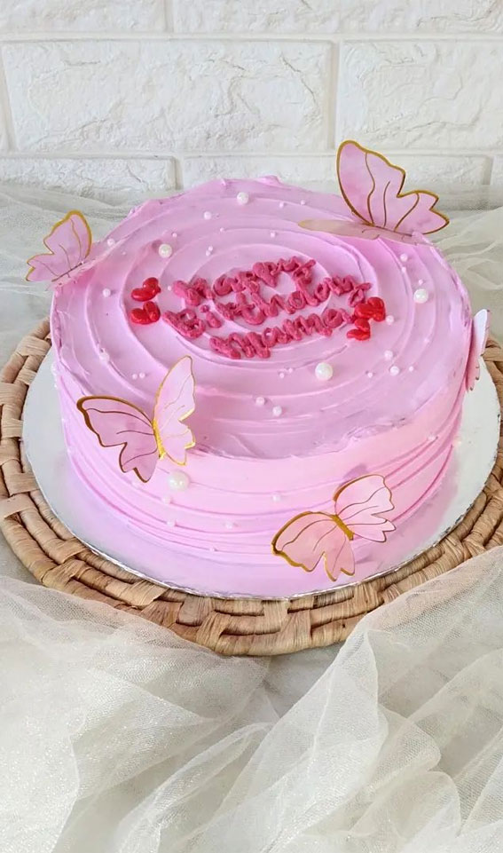 40+ Cute Simple Birthday Cake Ideas : Pink Cake Adorned with Butterfly & Pearl