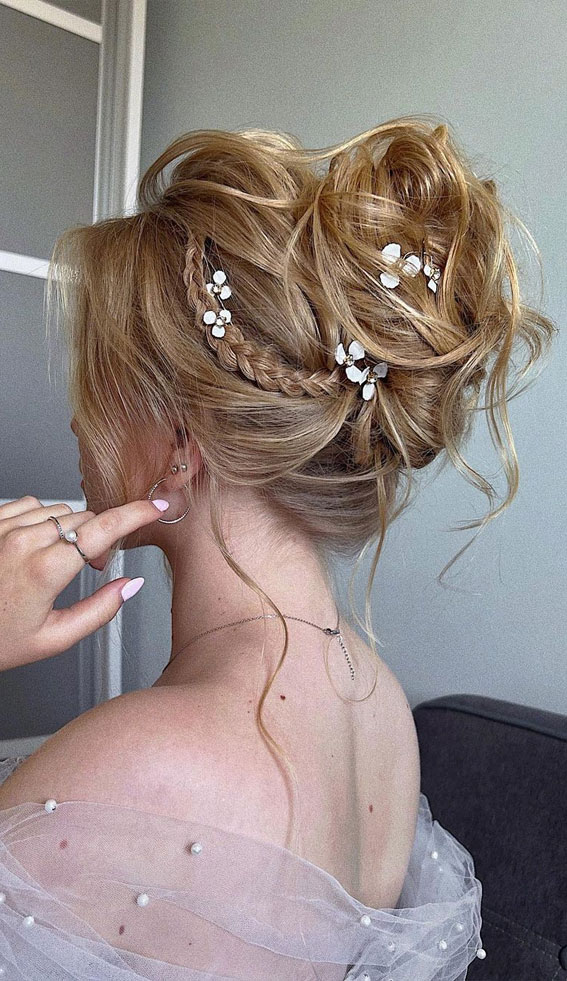 50+ Updo Hairstyles That’re So Stylish : Messy Updo with Side Braids