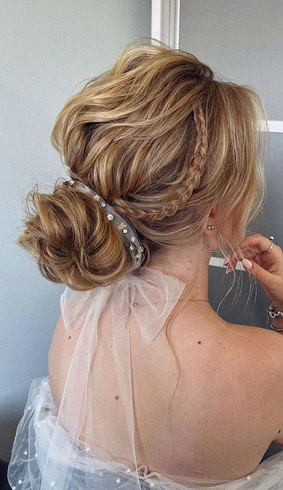 50+ Updo Hairstyles That’re So Stylish : Texture Low Bun Side Braids