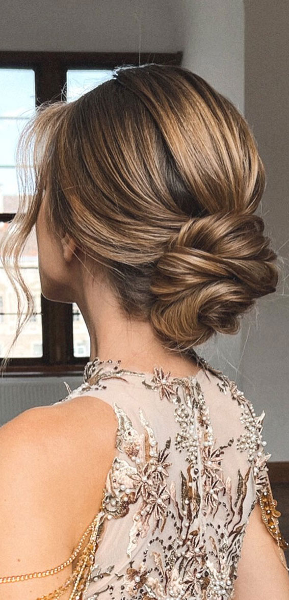 50+ Updo Hairstyles That’re So Stylish : Brown Hair Texture Low Bun