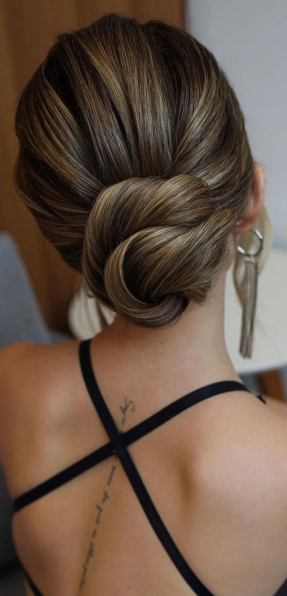 50+ Updo Hairstyles That’re So Stylish : Brown Hair Polished Low Bun