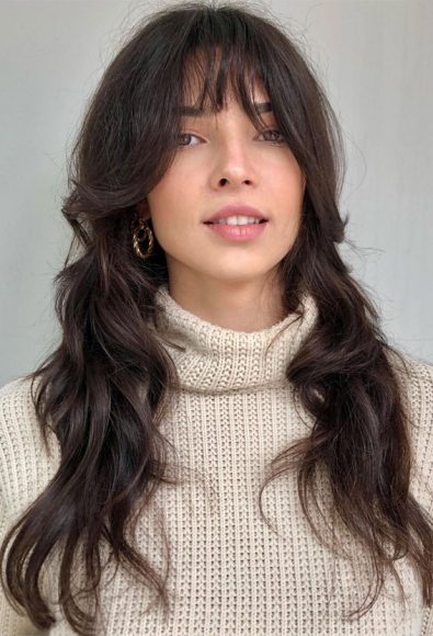 50 Shag Haircuts with Bangs : Brunette Wavy Long Shag Wispy Bangs