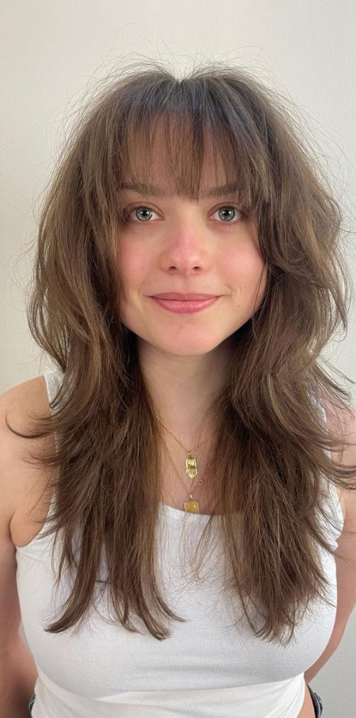 50 Shag Haircuts with Bangs : Long Layered Shag with Wispy Bangs