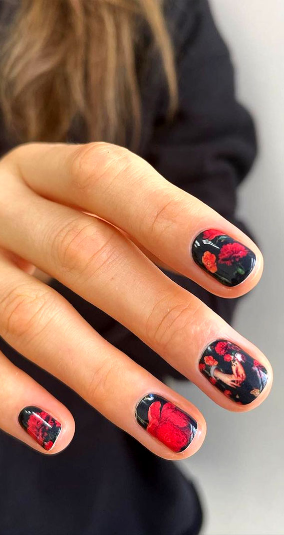 45 Pretty Short Nails For Spring & Summer : Red Floral Black Colour Nails