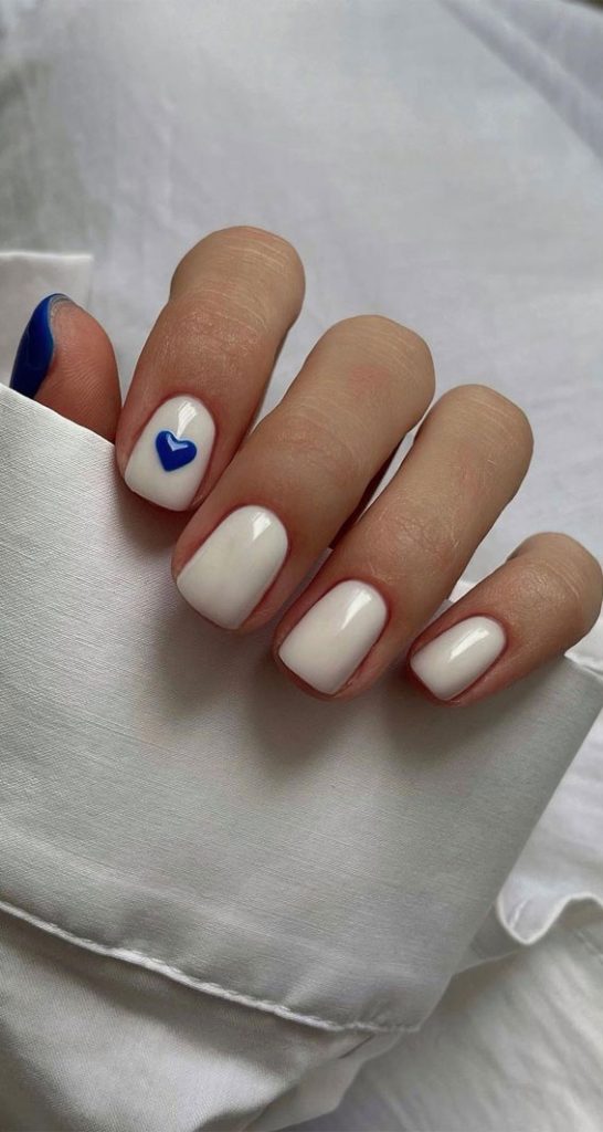 Pretty Short Nails For Spring Summer Blue Cobalt Heart Milky Nails