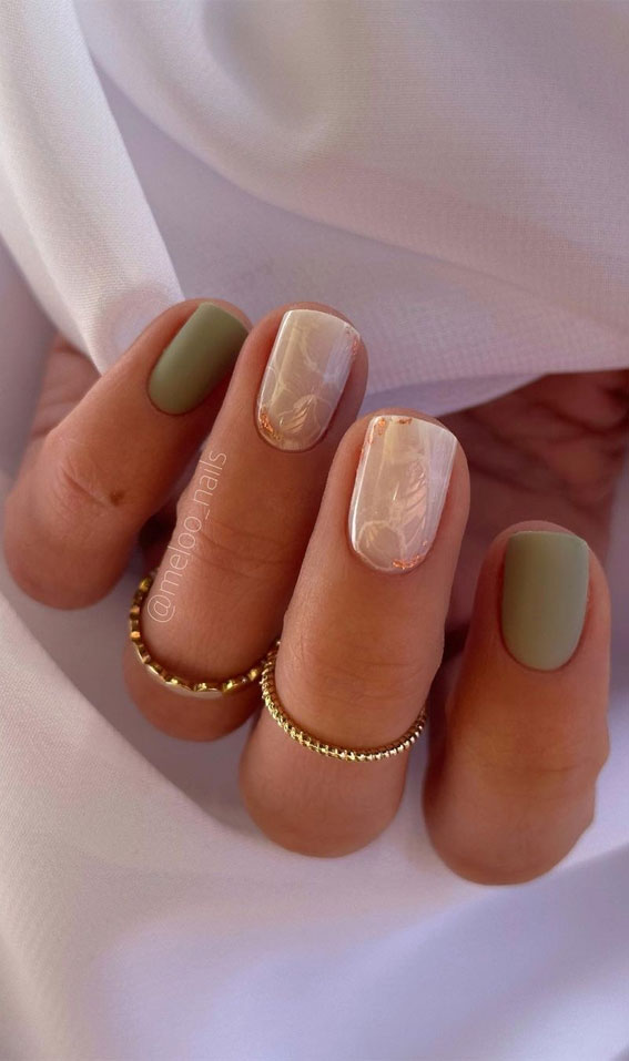 45 Pretty Short Nails For Spring & Summer : Rose Quartz & Matte Sage Nails