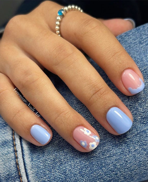 Your Nails Deserve These Floral Designs : Blue Cloud Tip & Blue Flower Nails