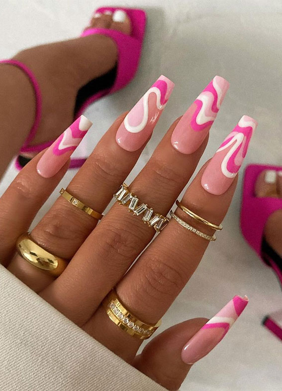 50 Best Summer Nails To Try in 2023 : Pink & White Swirls