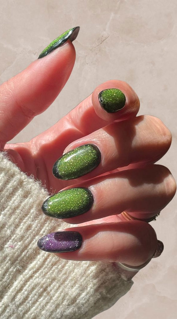 50 Best Summer Nails To Try in 2023 : Green & Purple Aura Comic Nails