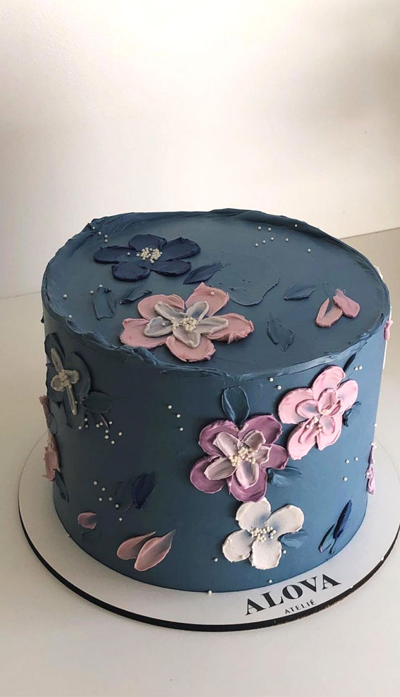43 Cute Buttercream Flower Cake Ideas : Dusty Navy Blue Cake