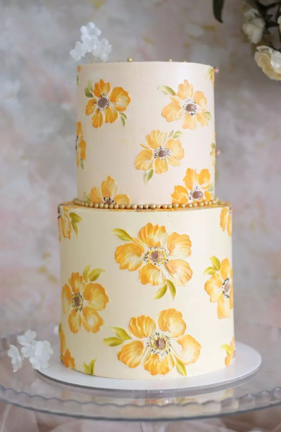 43 Cute Buttercream Flower Cake Ideas : Yellow Flower Two Tiers