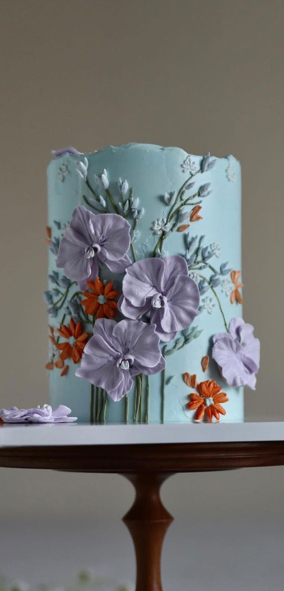 43 Cute Buttercream Flower Cake Ideas : Burnt Orange & Lavender Colour Flowers