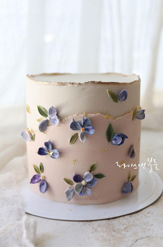43 Cute Buttercream Flower Cake Ideas : Blue Flower Neutral Cake