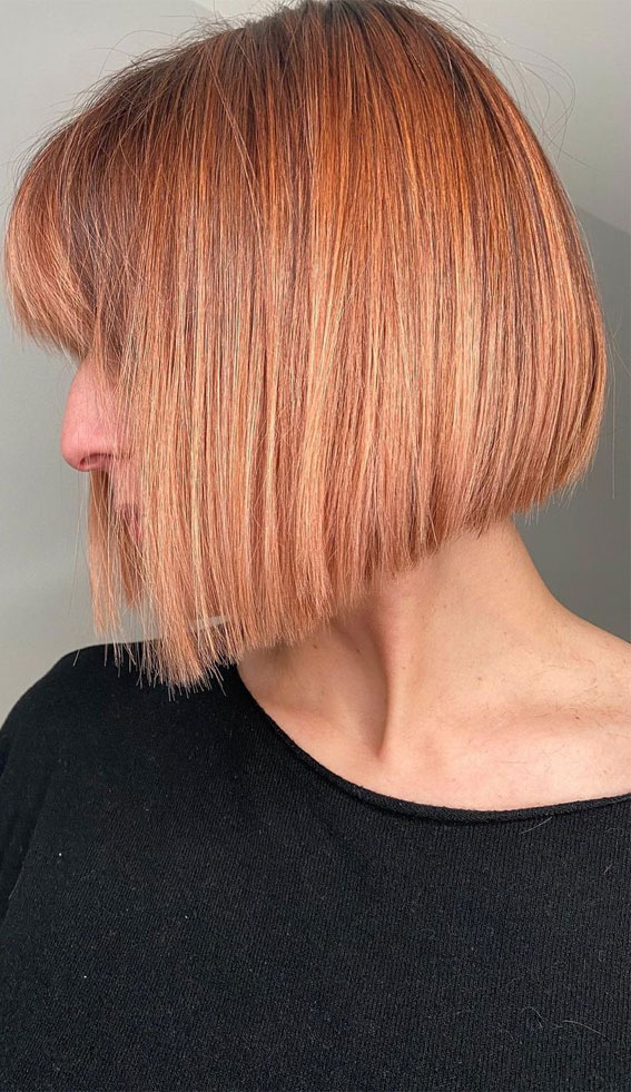 25 Peach Hair Colour Ideas That’re Perfect For Summer : Peach Bob Hair + Fringe