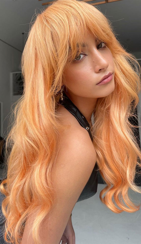 25 Peach Hair Colour Ideas That’re Perfect For Summer : Yellow-Peach Long Hair with Fringe