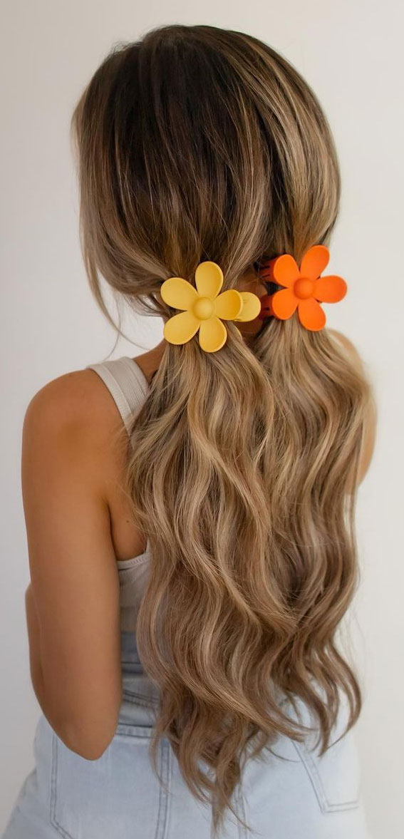 Cute Hairstyles That’re Perfect For Warm Weather : Double Pigtails with Flower Hairclips