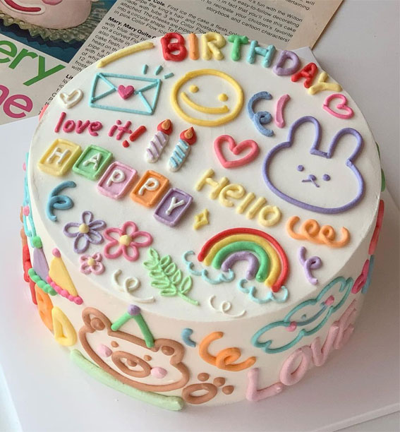 50+Cute Minimalist Buttercream Cakes : Doodle Birthday Cake