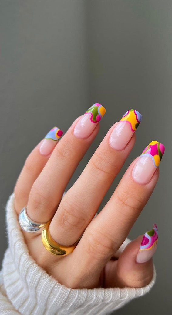50+ Cute Summer Nail Designs : Colourful Abstract French Tips