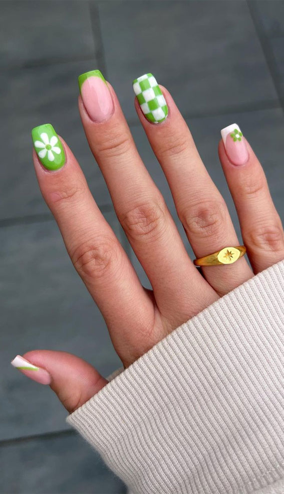 50+ Cute Summer Nail Designs : Green Flower, French & Checker Board