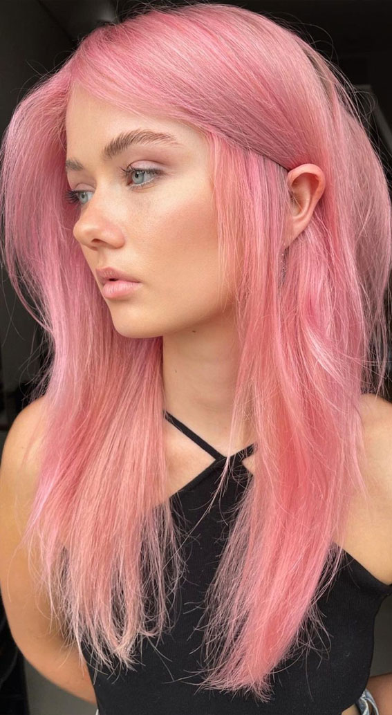 34 Pink Hair Colours That Gives Playful Vibe : Pastel Pink Long Hair