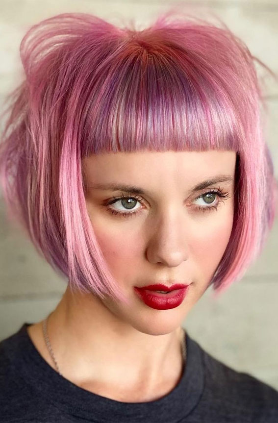 34 Pink Hair Colours That Gives Playful Vibe : Pink Ear-Length Bob with Mini Fringe