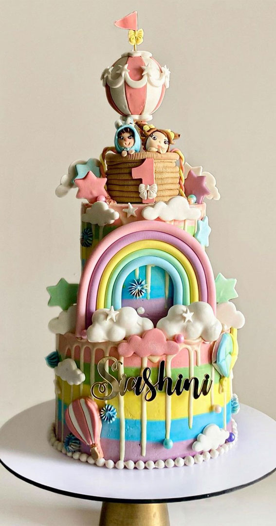Cute Rainbow Cake Ideas For You Colourful Dessert : Rainbow & Hot Air Balloon for 1st Birthday