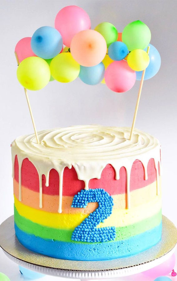 Cute Rainbow Cake Ideas For You Colourful Dessert : Rainbow Cake Topped with Balloons