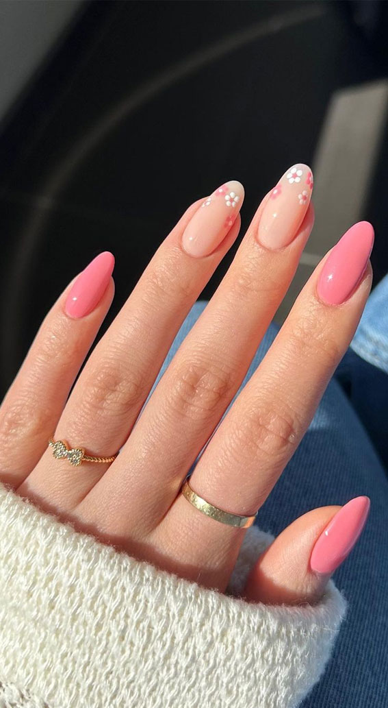 35 Aesthetic Retro Nail Designs For A Spring Mani Rosy Pink Flower Tips