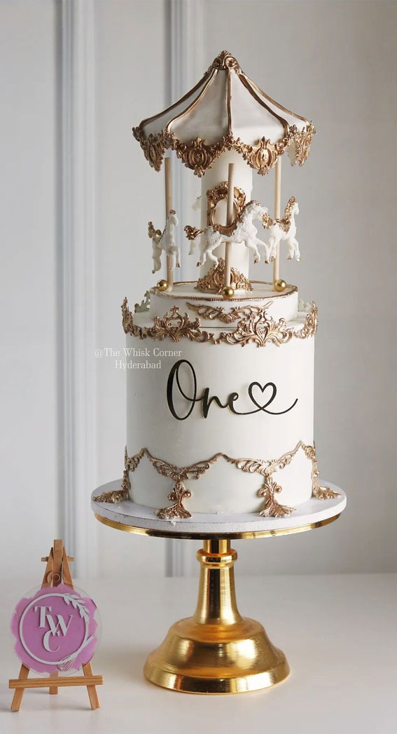 A Cake to Celebrate your Little One : Gold & White Carousel 1st Birthday Cake