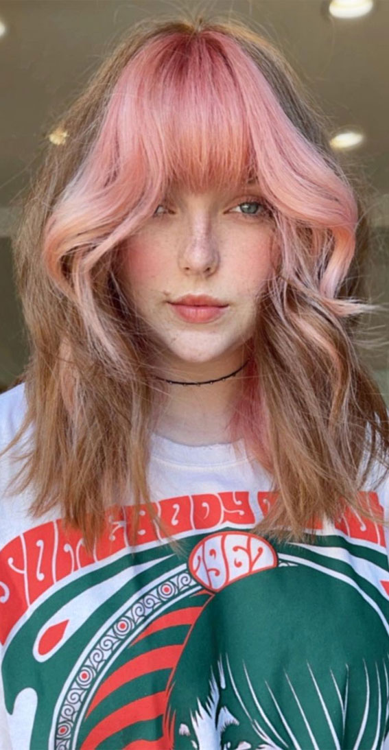 Alluring Hair Colour Ideas for Trendsetters : Peach Pink Face-Framing + Bangs