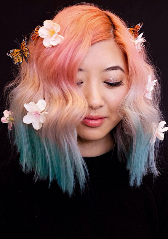 Alluring Hair Colour Ideas for Trendsetters : Ombre Peach & Teal Long Bob
