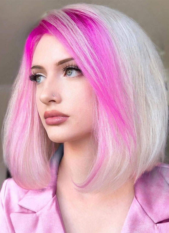 Alluring Hair Colour Ideas for Trendsetters : Platinum Bob with Pink Face Framing