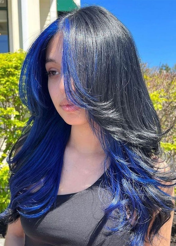 Empowering Hair Colour Ideas For All Ages : Blue Face Framing 70s Hairstyle