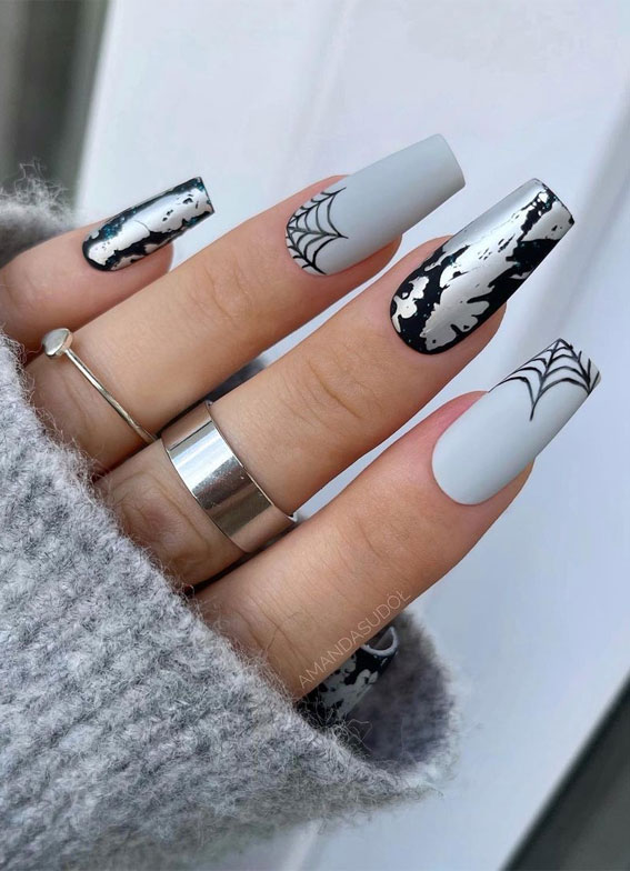 30 Spooktacular Halloween Nail Designs Grey & Spiderweb Nails