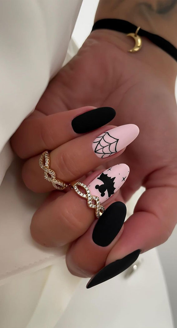 30 Spooktacular Halloween Nail Designs : Black & Pink Matte Nails