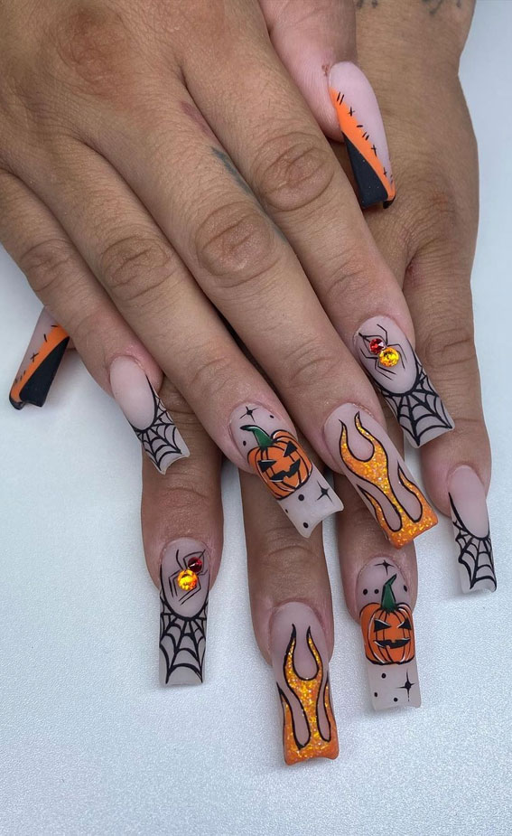 30 Spooktacular Halloween Nail Designs Spider Web + Spooky Pumpkin Nails