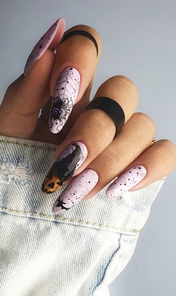 30 Spooktacular Halloween Nail Designs : Pink Spooky Almond Nails