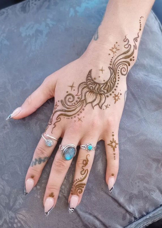 henna designs, celestial henna designs, moon henna designs, henna ideas, star henna designs, galaxy henna designs, henna design ideas