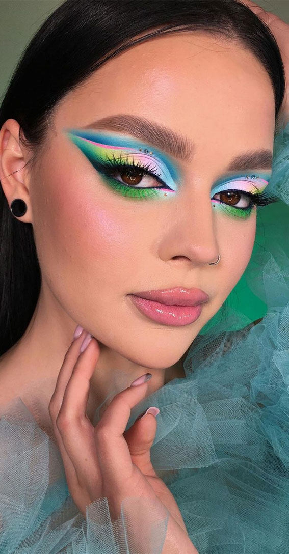 Bold and Bright Summer Makeup Vibrant & Daring : Rhinestones + Pastel Graphic Makeup